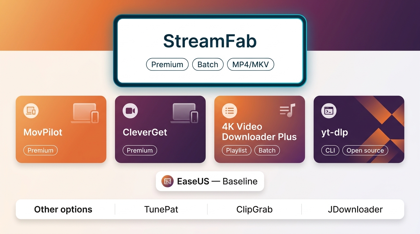 Comparison of EaseUS alternatives by services, playlists, MP4, batch use, and setup