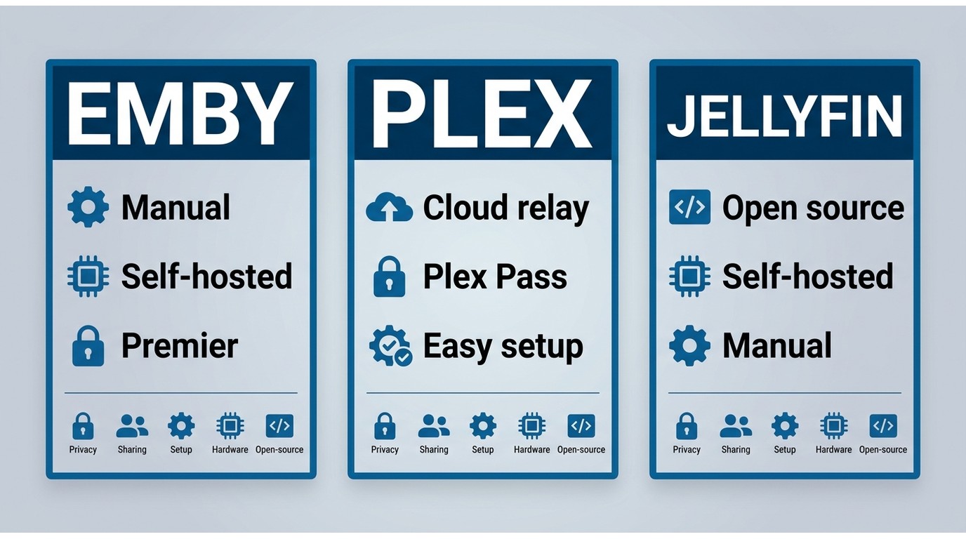 Emby, Plex, and Jellyfin comparison of privacy, sharing, setup, and features