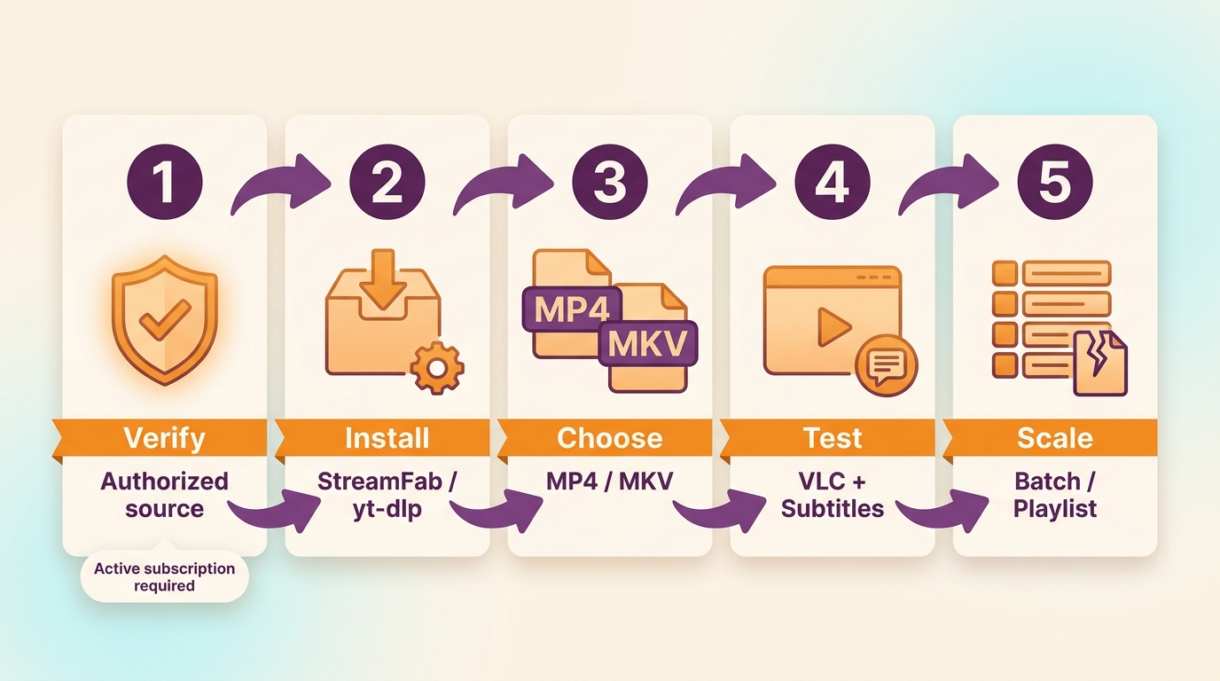 Workflow for authorized downloads, format selection, testing, playback, and batch scaling