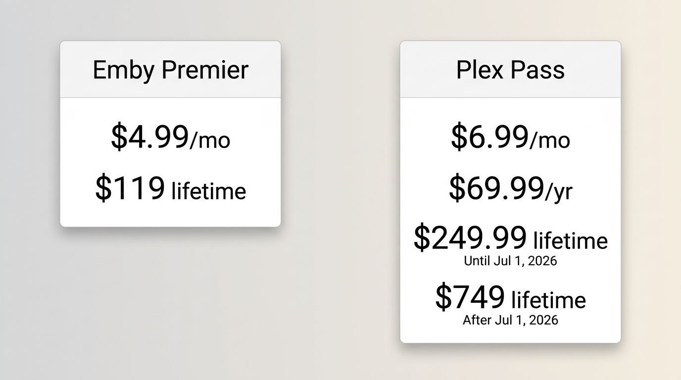 Emby Premier and Plex Pass 2026 monthly, annual, and lifetime prices