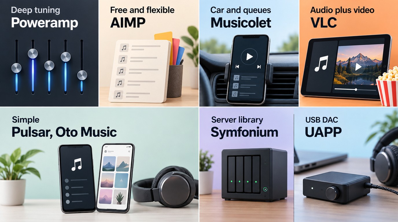 How to choose among Poweramp, AIMP, Musicolet, VLC, Pulsar, Oto Music, Symfonium, and UAPP.