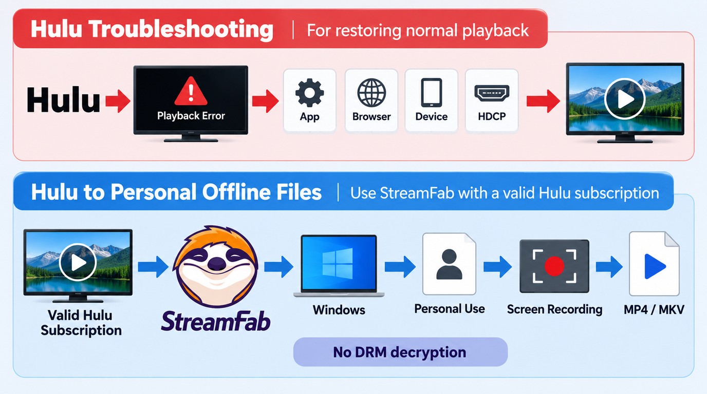 Hulu troubleshooting restores playback, while StreamFab creates authorized offline files
