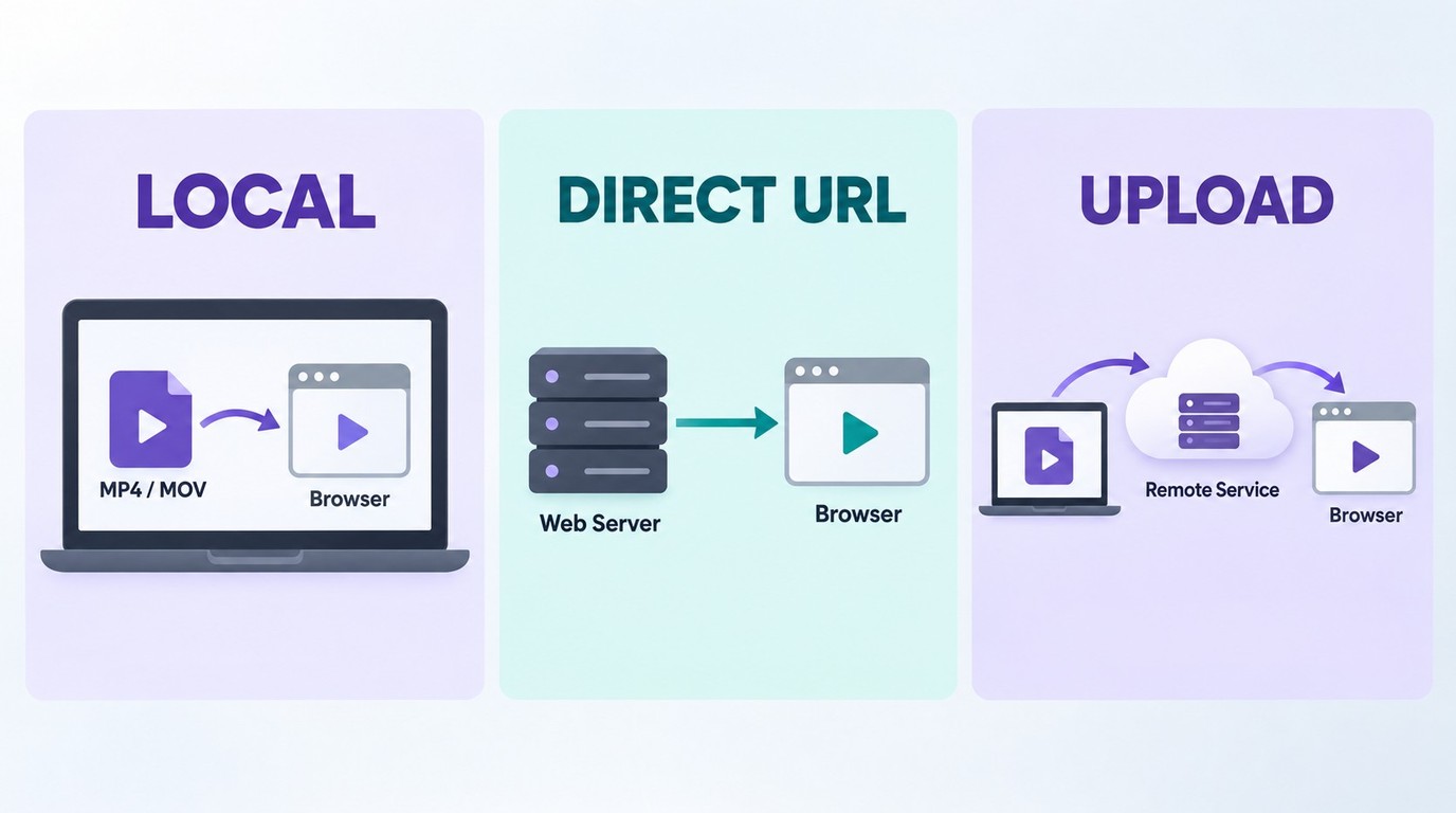 Local browser playback keeps files on device, while URL and upload players transfer data.