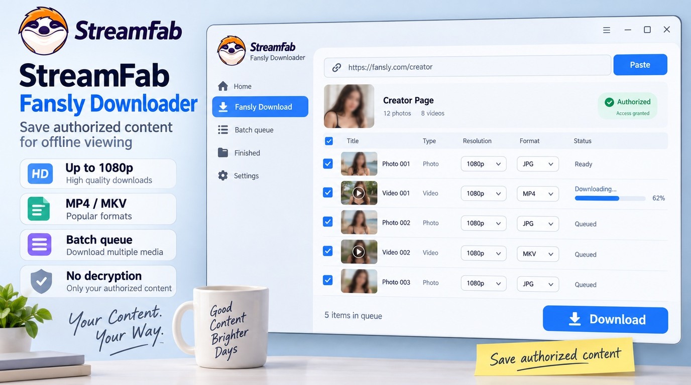 StreamFab Fansly Downloader with 1080p output, MP4 or MKV settings, and batch queue