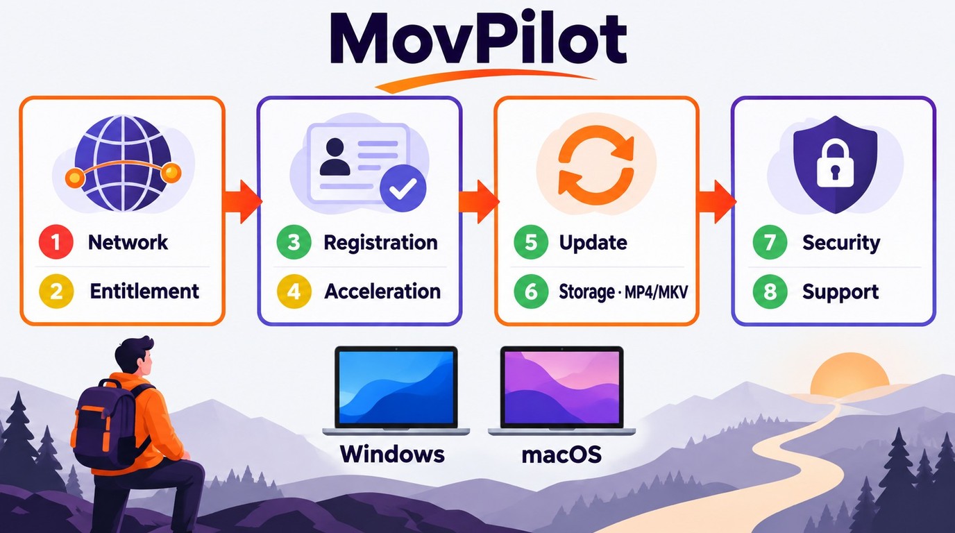Eight MovPilot checks from network access through support escalation.
