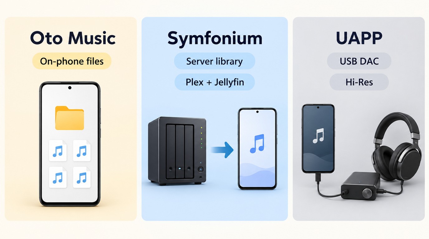 Oto Music for phone files, Symfonium for Plex or Jellyfin, and UAPP for a USB DAC.