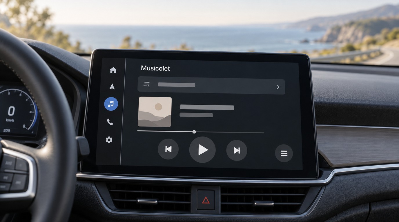 Musicolet on Android Auto with playlists, a current queue, and large playback controls.