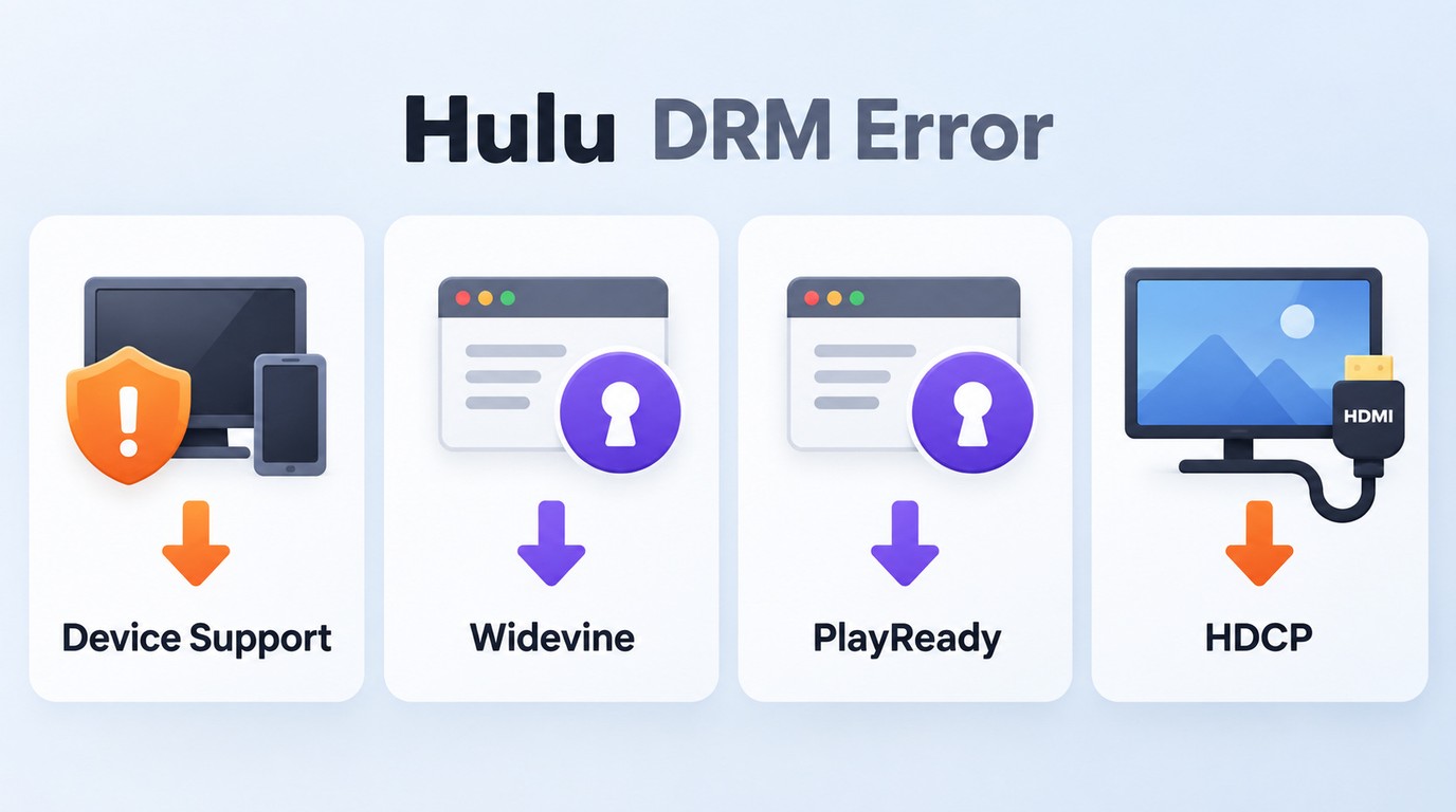 Hulu symptom paths for device security, Widevine, PlayReady, and HDCP checks