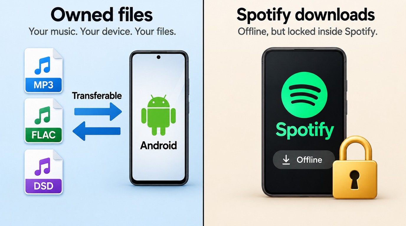 Local MP3, FLAC, and DSD files stay owned and transferable, unlike Spotify downloads.