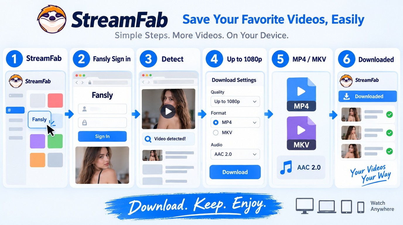 StreamFab workflow from Fansly sign-in to 1080p MP4 download and the Downloaded tab.