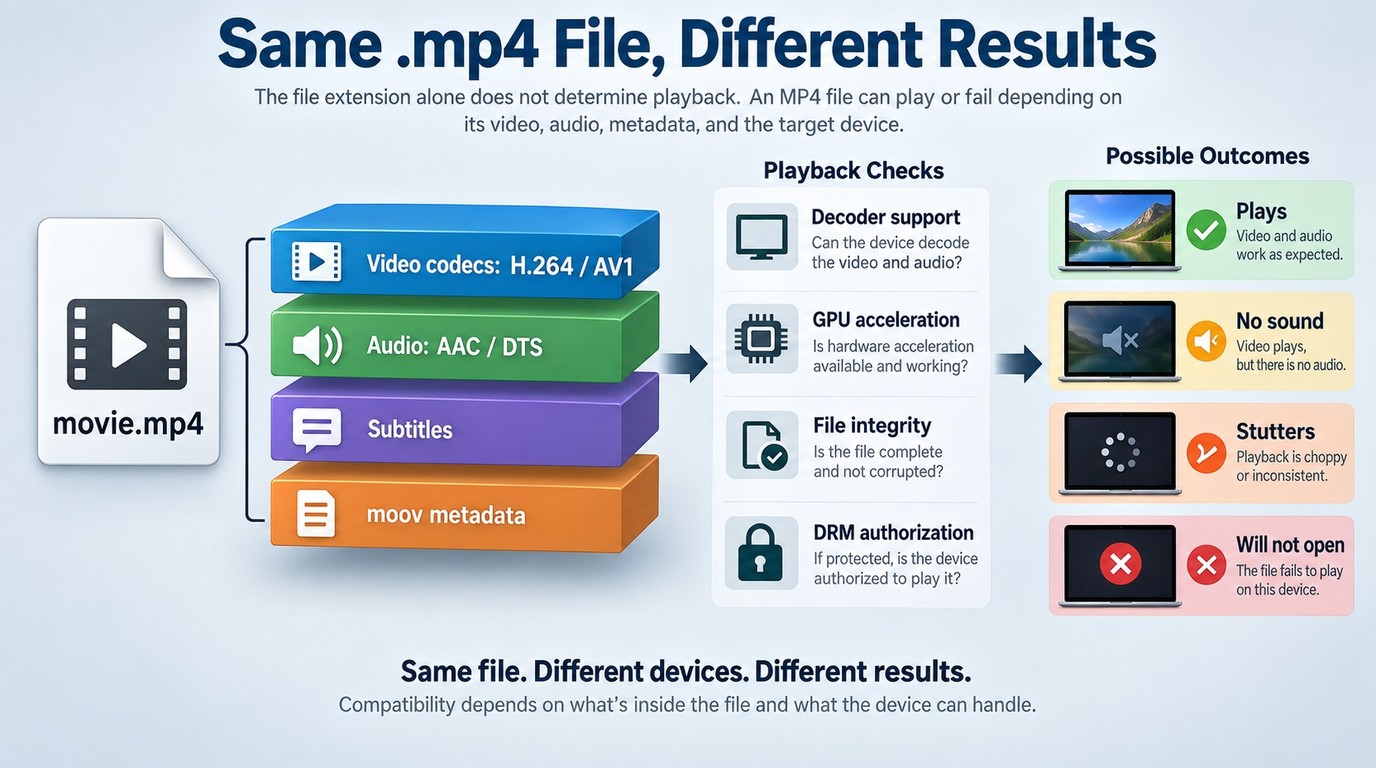 An MP4 can contain different codecs, audio, subtitles, and metadata that affect playback.