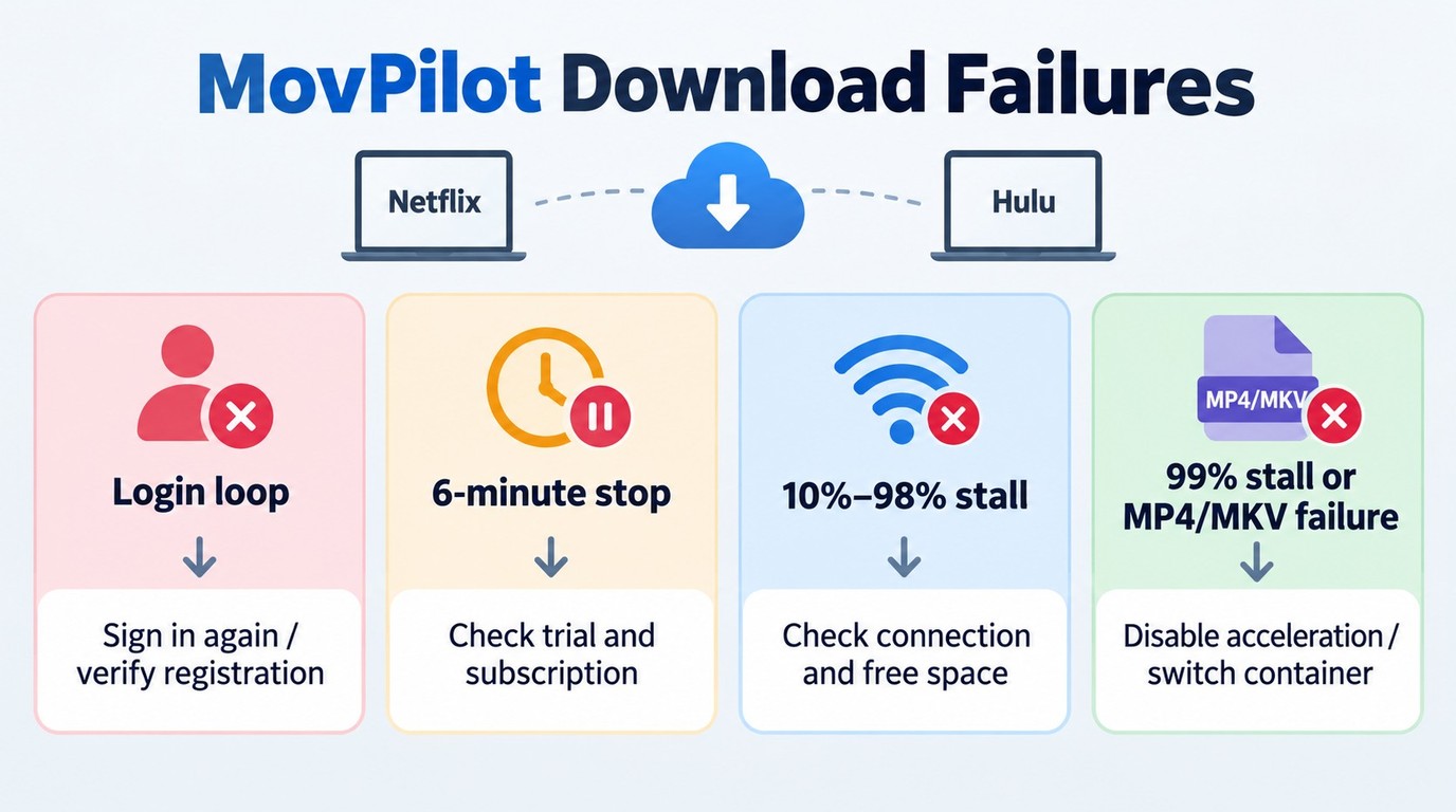 MovPilot failure stages mapped to the first troubleshooting check.