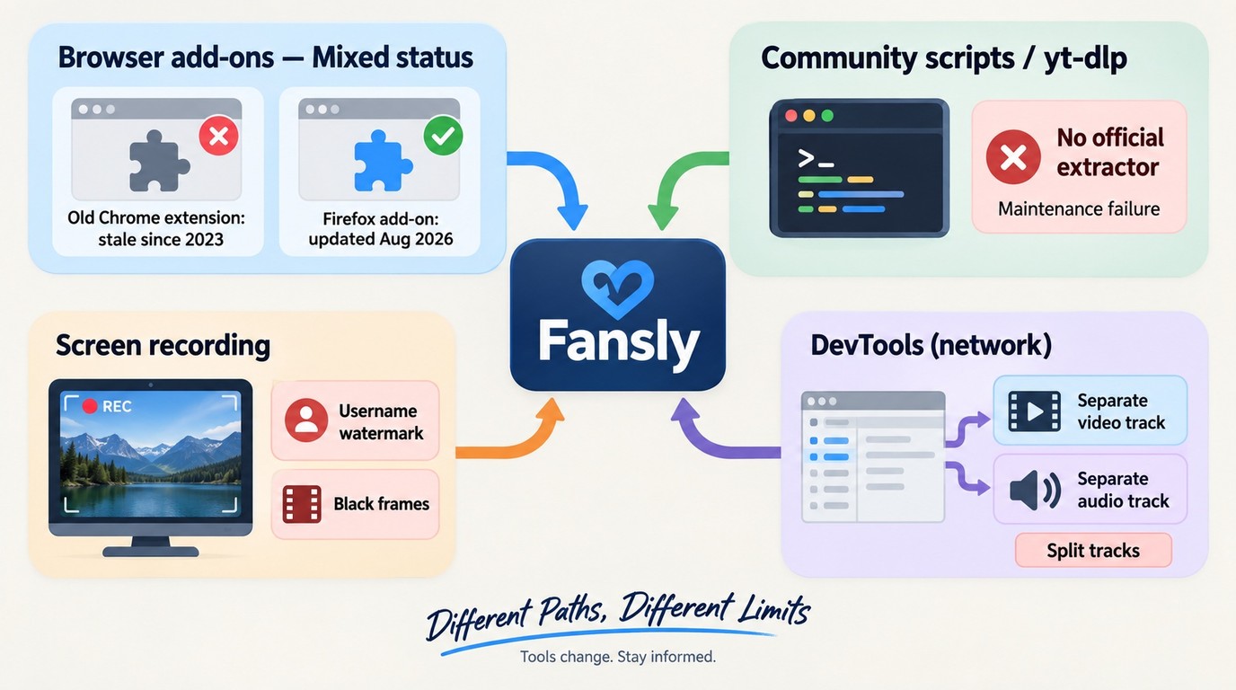Why Fansly methods fail: stale add-ons, split tracks, watermarks, and black frames