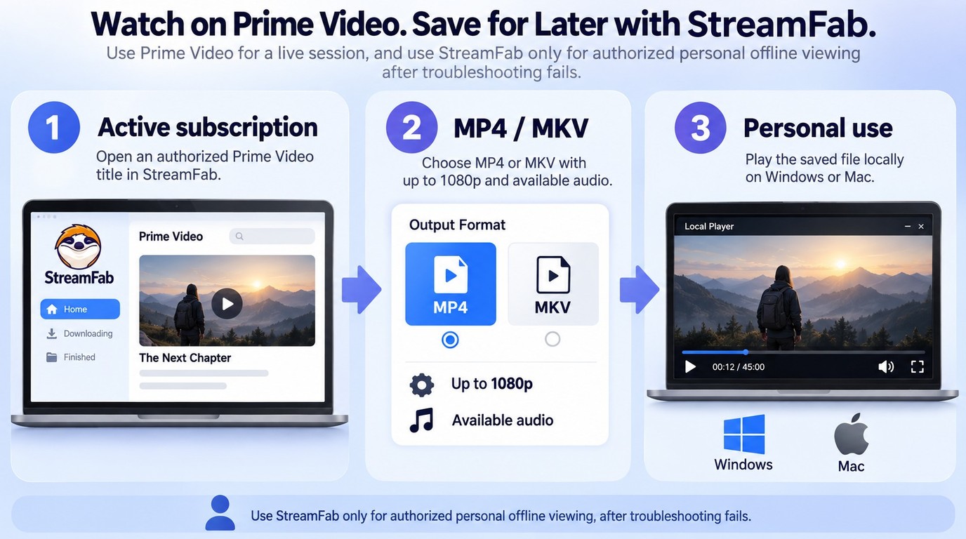 StreamFab saving an authorized Prime Video title as MP4 or MKV for personal offline playback