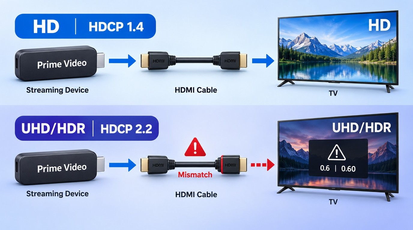 Prime Video HD and UHD playback paths with HDCP 1.4 and HDCP 2.2 requirements