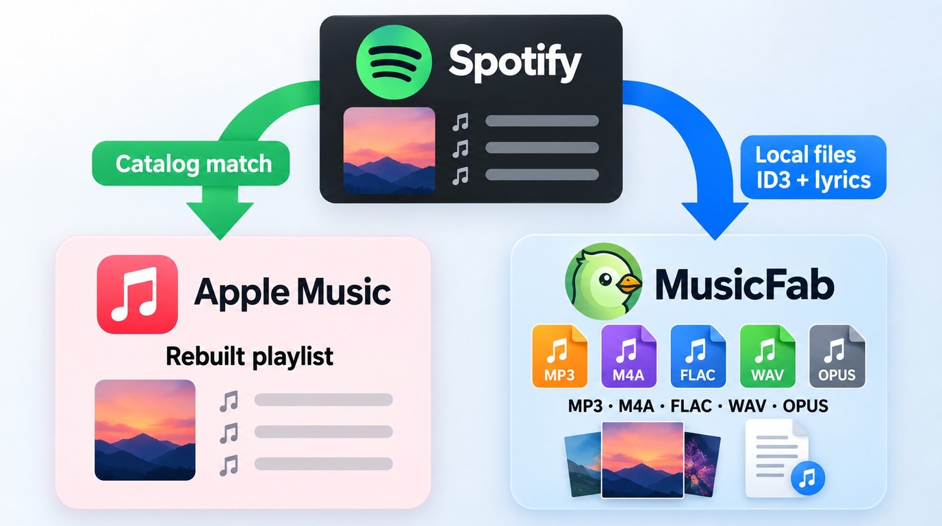 Spotify playlist transfer to Apple Music versus MusicFab local MP3 and FLAC files