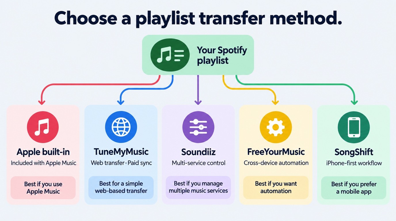 Choosing Apple Music, TuneMyMusic, Soundiiz, FreeYourMusic, or SongShift by use case