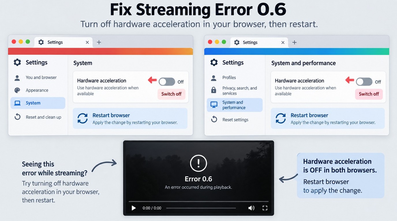 Chrome and Edge hardware acceleration settings for troubleshooting Prime Video error 0.6