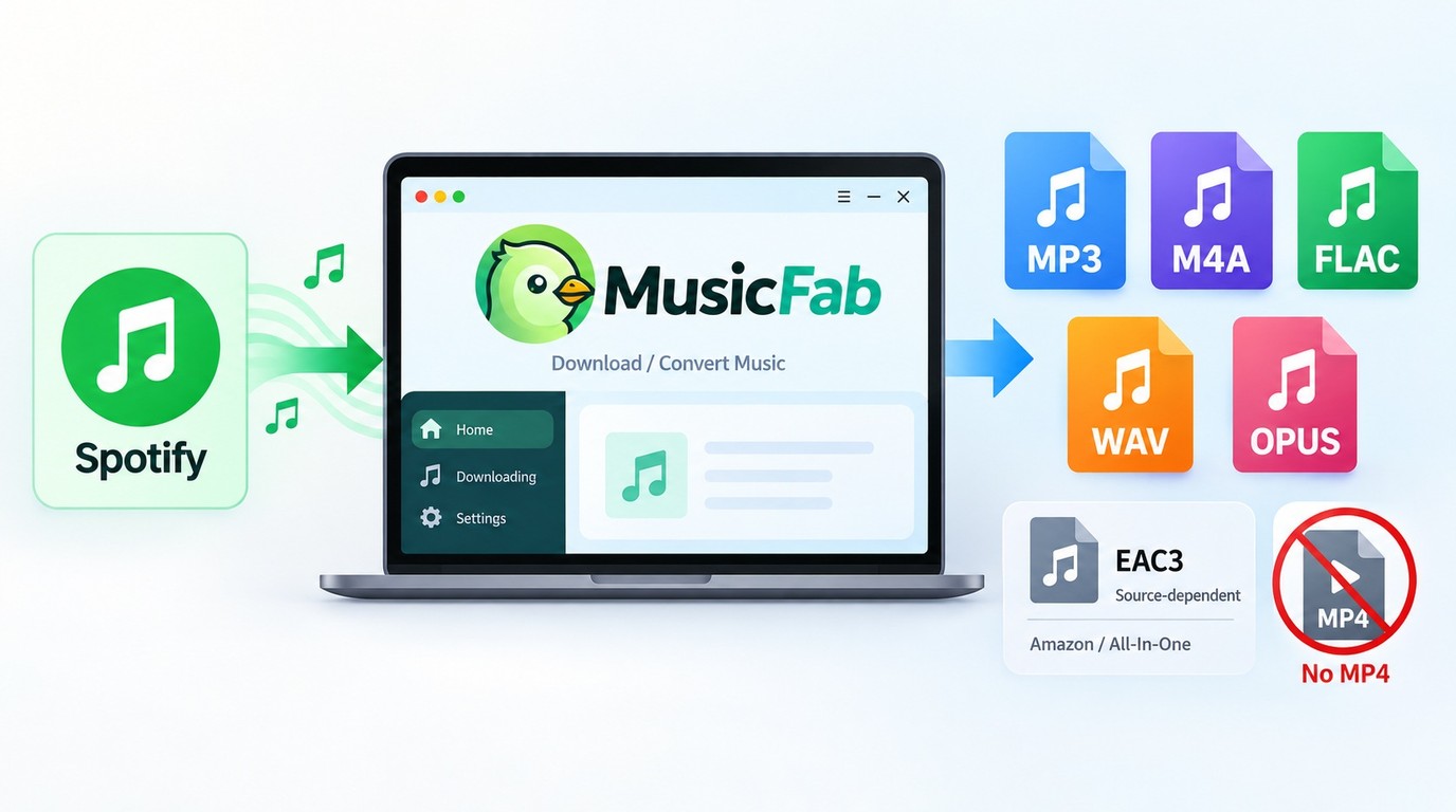 MusicFab converts Spotify content to local audio formats, not MP4 video.