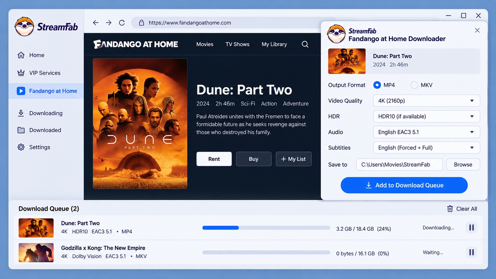 StreamFab Fandango download settings for 4K, HDR, audio, subtitles, MP4, and MKV