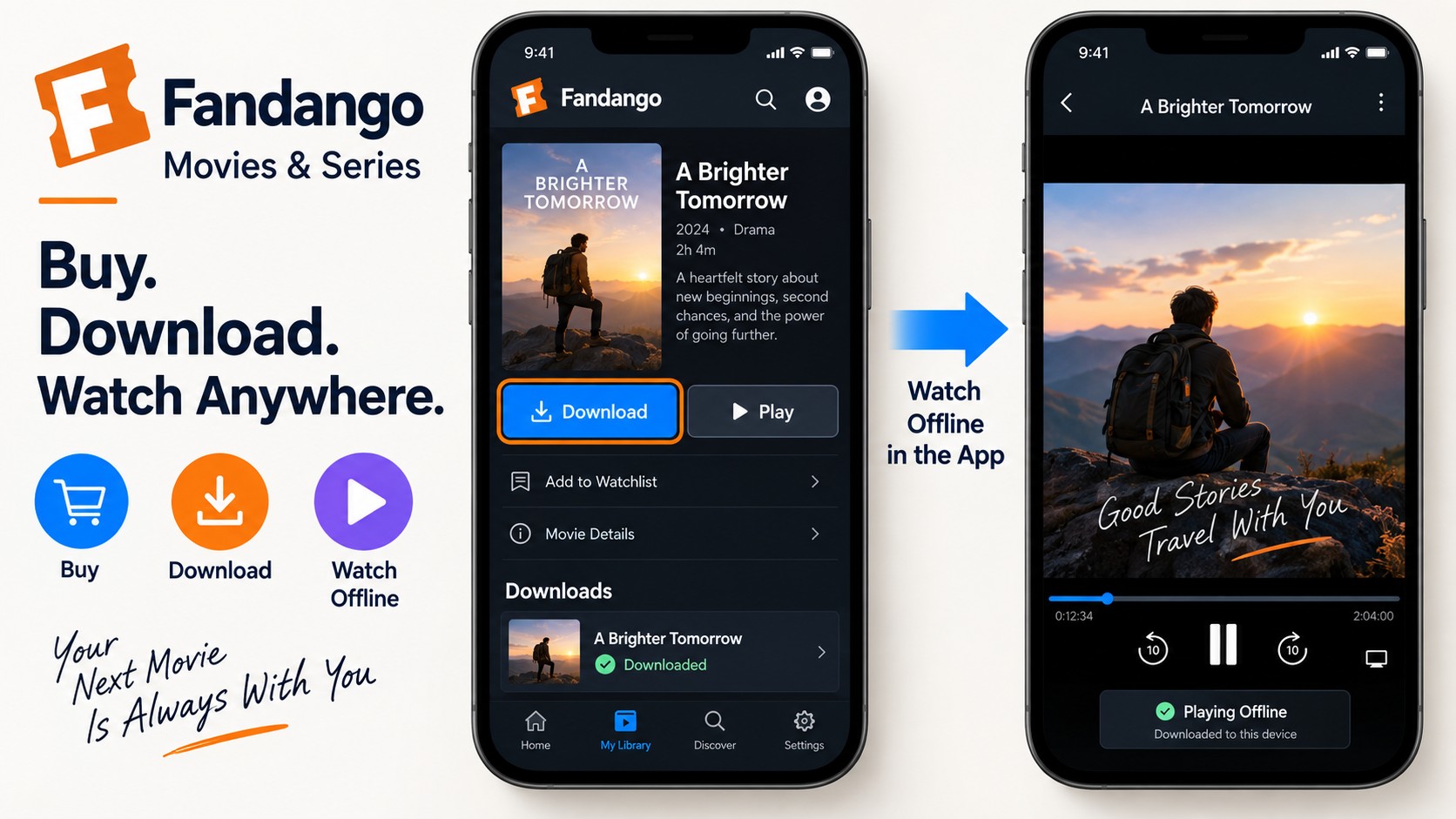 Fandango mobile download control and completed offline title inside the app.