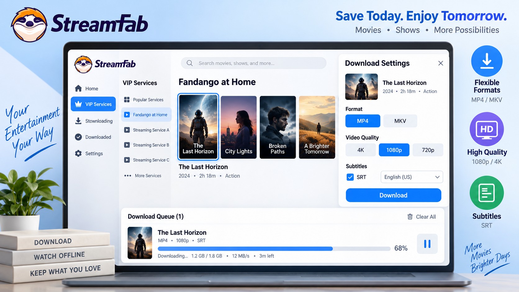 StreamFab Fandango workflow with MP4, MKV, quality, subtitles, and download queue.