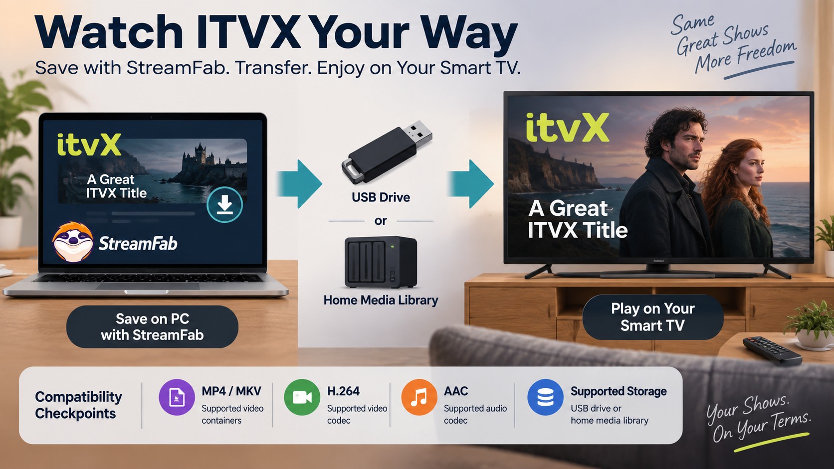 StreamFab ITVX files require compatible MP4 or MKV, H.264 video, and AAC audio on a TV
