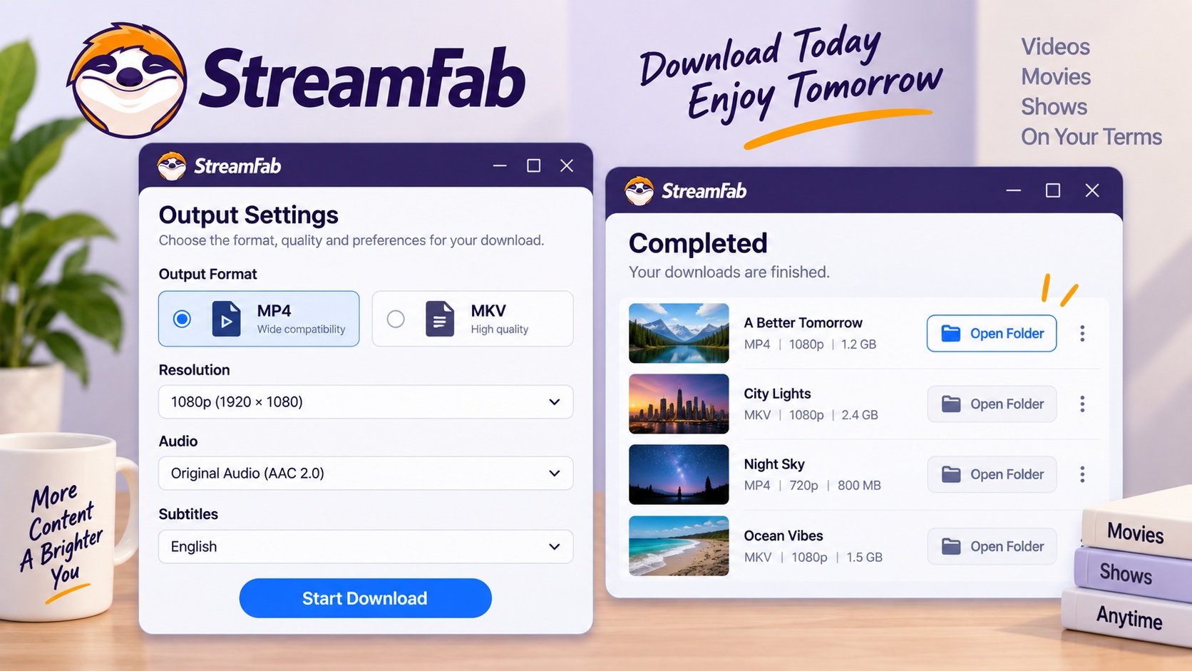StreamFab MP4 and MKV settings with the completed download file location control