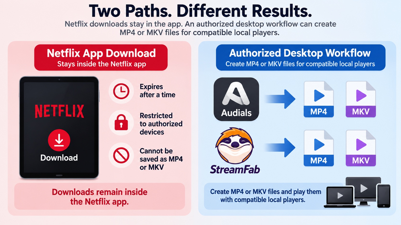 Netflix downloads stay app-bound, while authorized MP4 or MKV files work in local players.