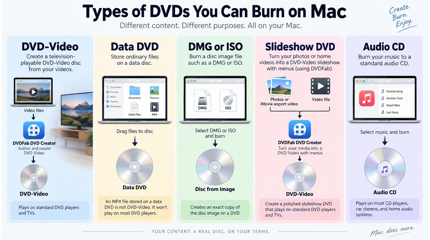 DVD-Video, Finder data DVD, DMG or ISO, slideshow DVD, and Apple Music audio CD uses