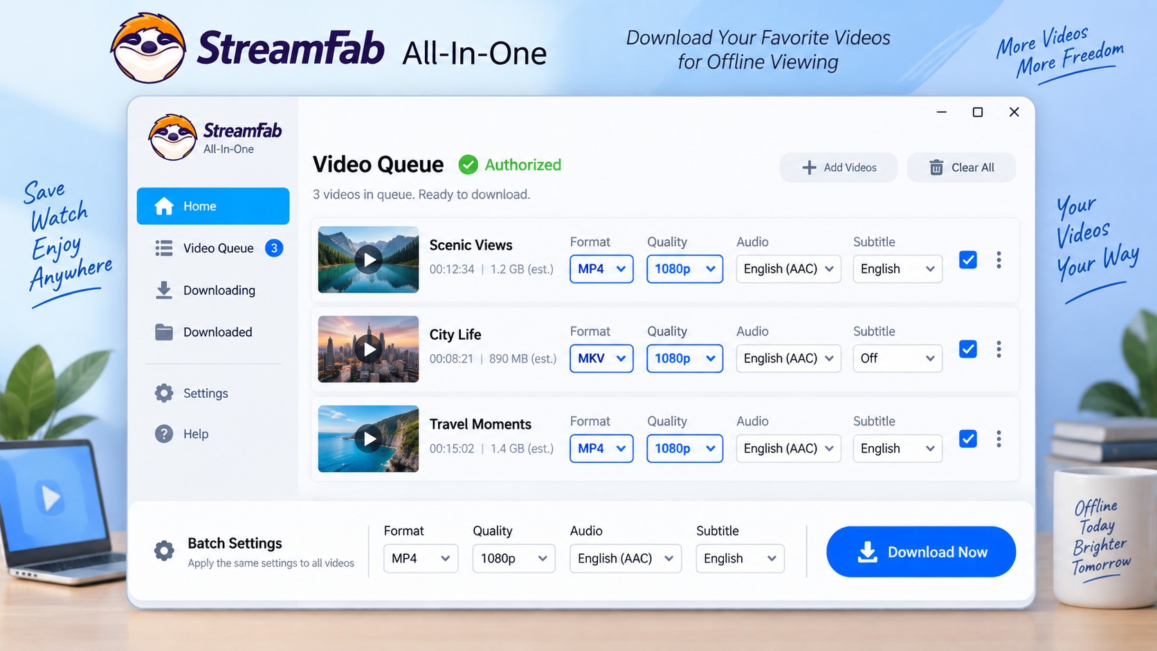 StreamFab settings for MP4 or MKV, 1080p quality, subtitles, and an authorized batch queue.