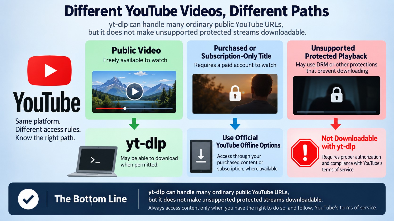 YouTube paths for public videos, purchases, subscriptions, and official offline viewing