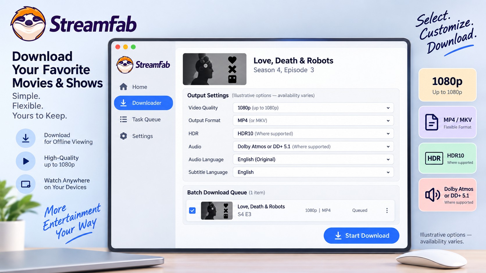 StreamFab Netflix settings for 1080p MP4 or MKV with audio, subtitles, and batch downloads