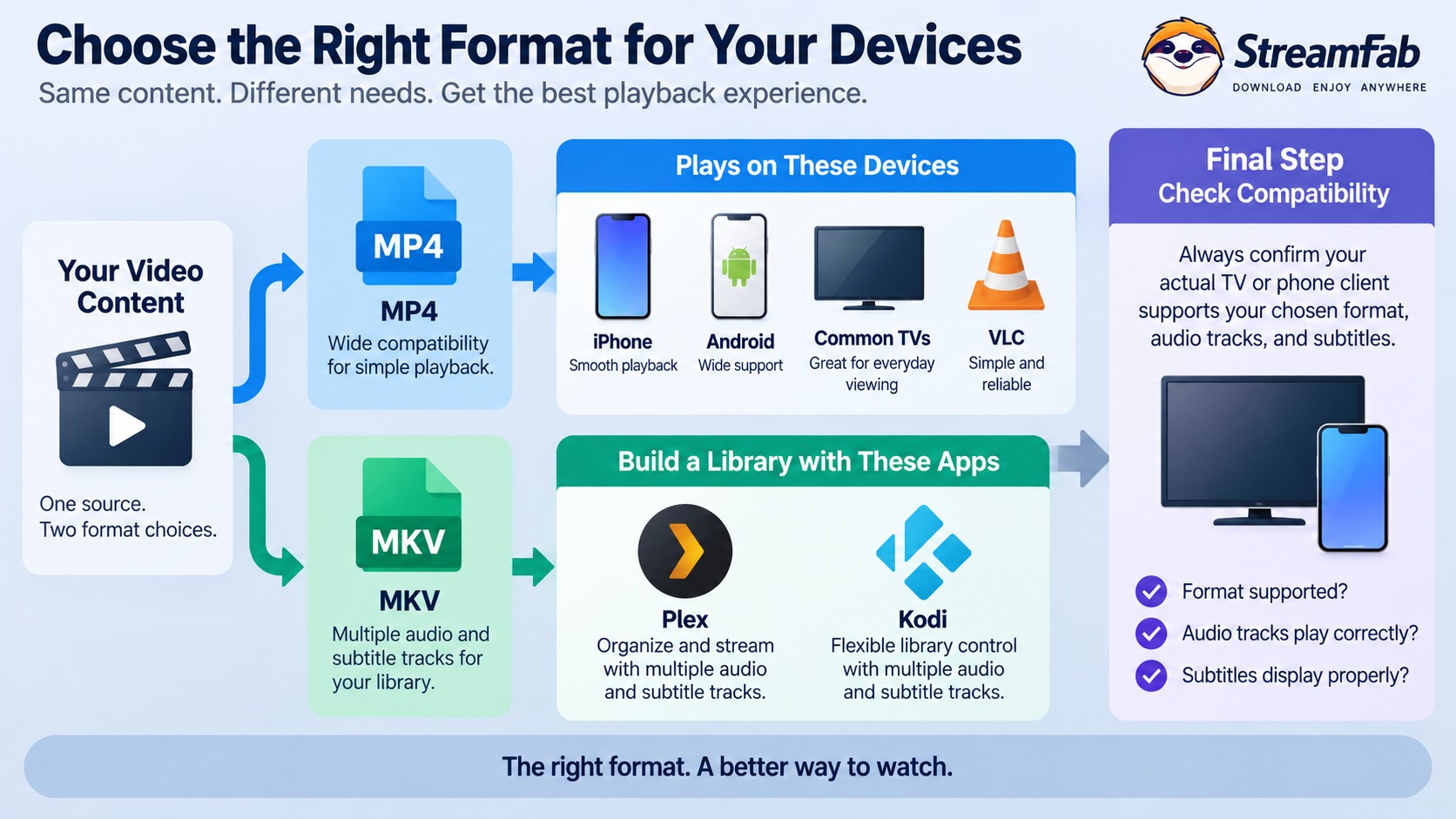 MP4 suits simple device playback, while MKV suits Plex or Kodi libraries with multiple tracks.