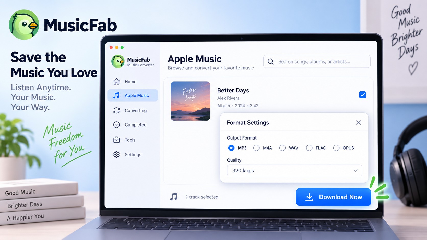 MusicFab Apple Music format selection and Download Now workflow for local audio