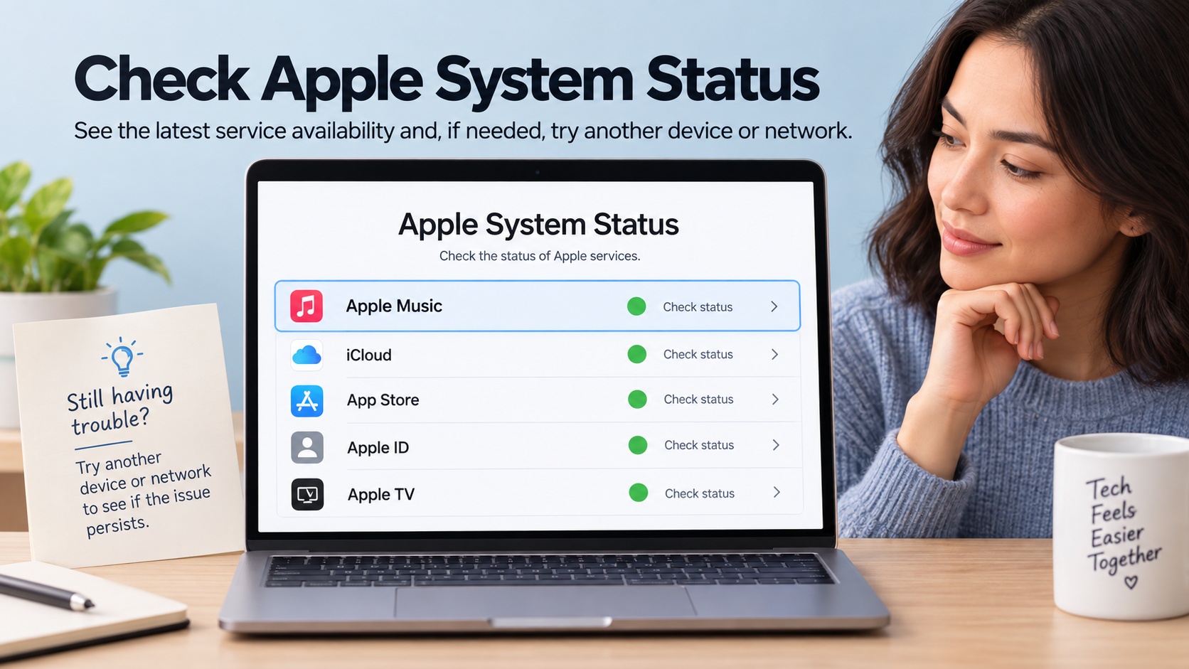 Apple System Status with the Apple Music service indicator and outage check.