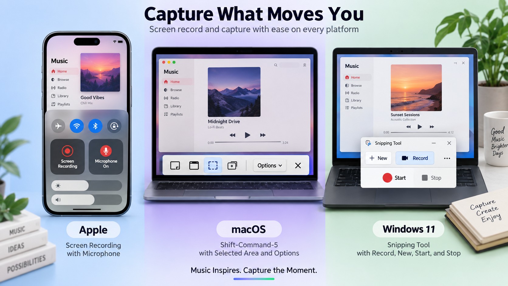 Native Apple Music screen recording controls on iPhone, Mac, and Windows 11