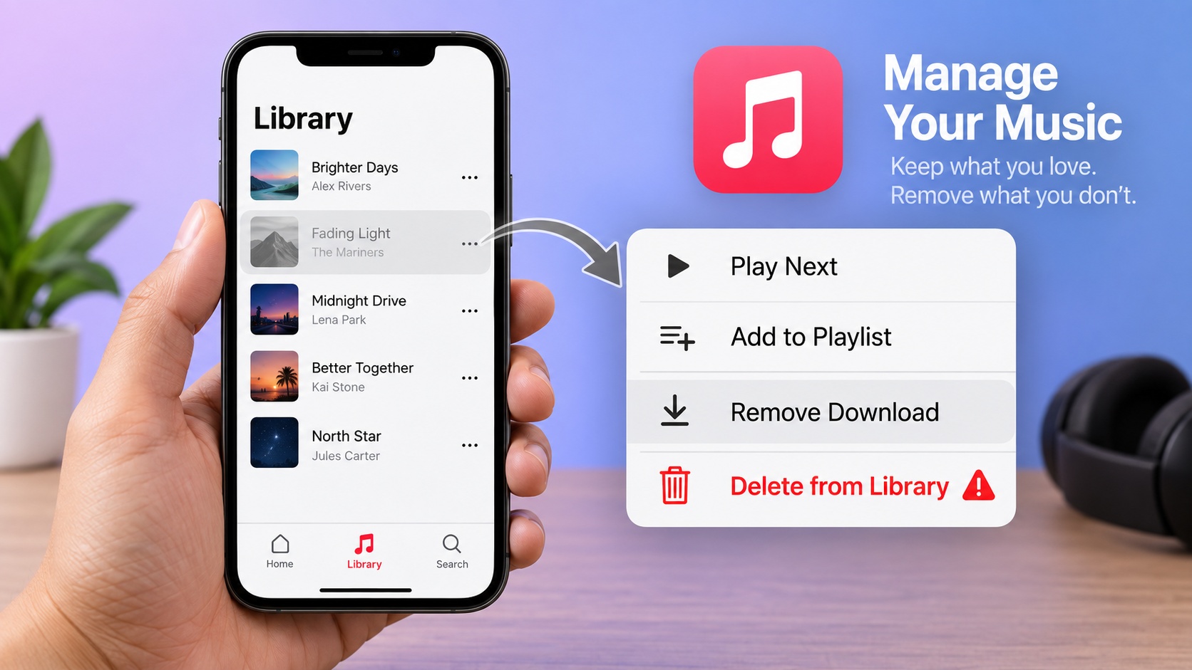 Apple Music menu comparing Remove Download with Delete from Library.