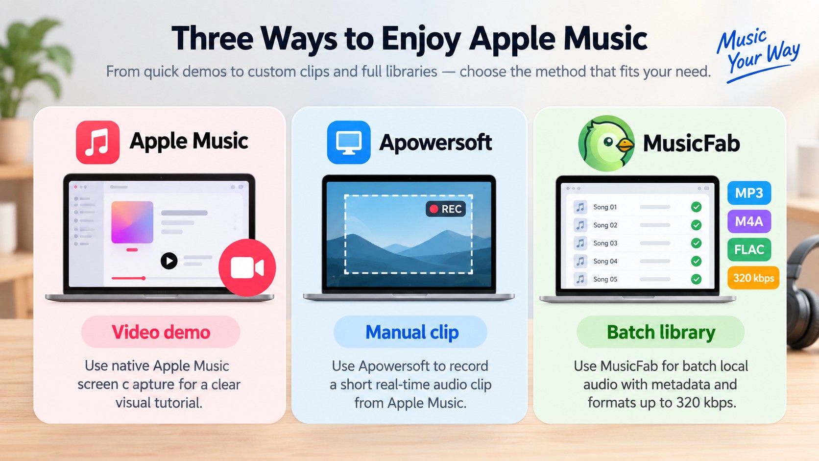 Choosing native capture, Apowersoft, Audacity, or MusicFab by intended output