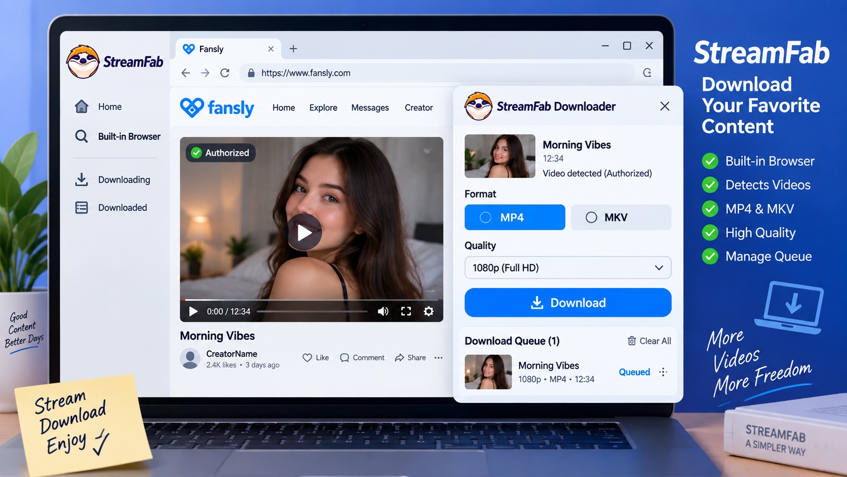 StreamFab detecting a Fansly video with MP4, MKV, quality, and download options