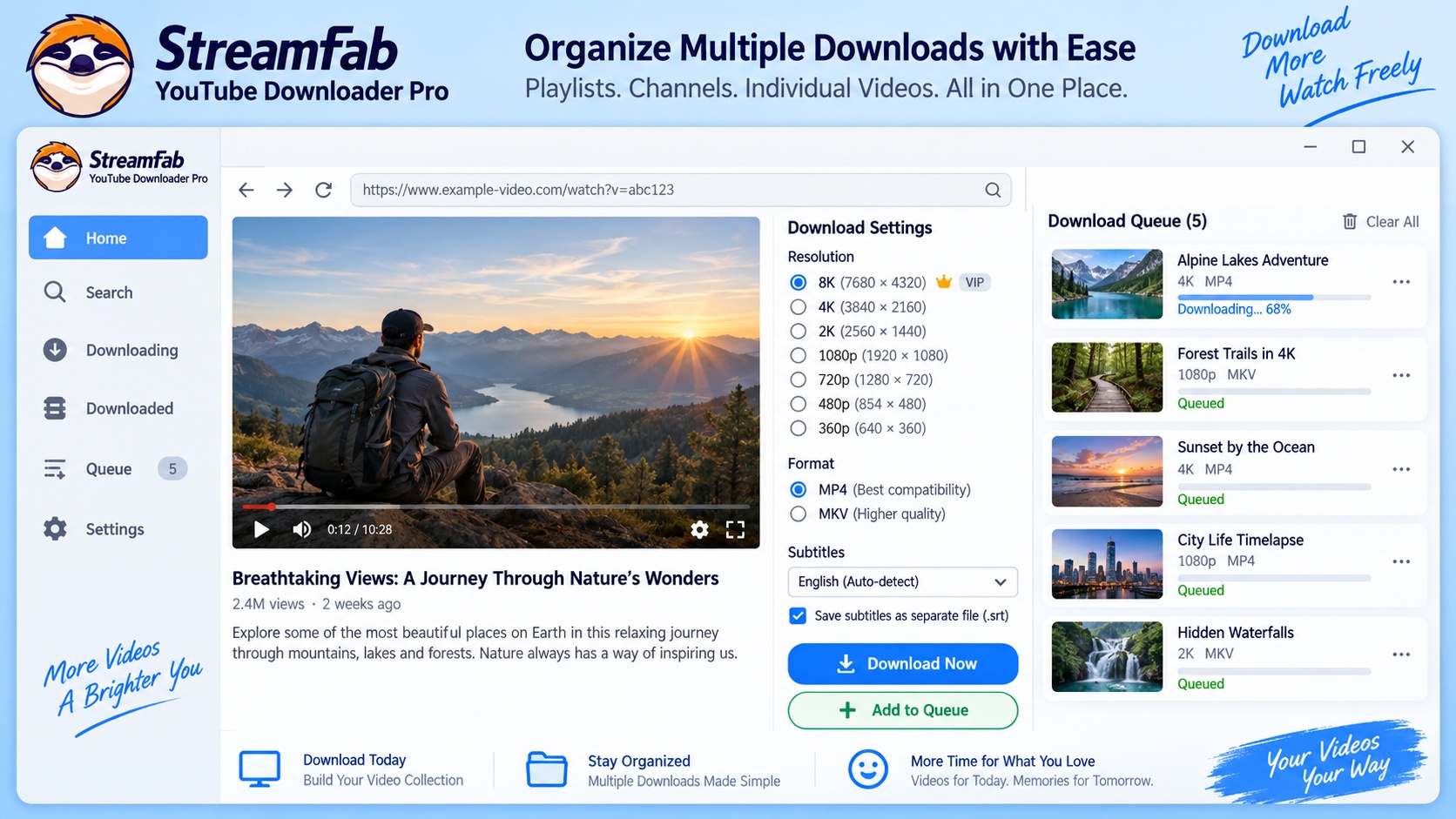 StreamFab YouTube Downloader Pro with format settings, Download Now, and Add to Queue