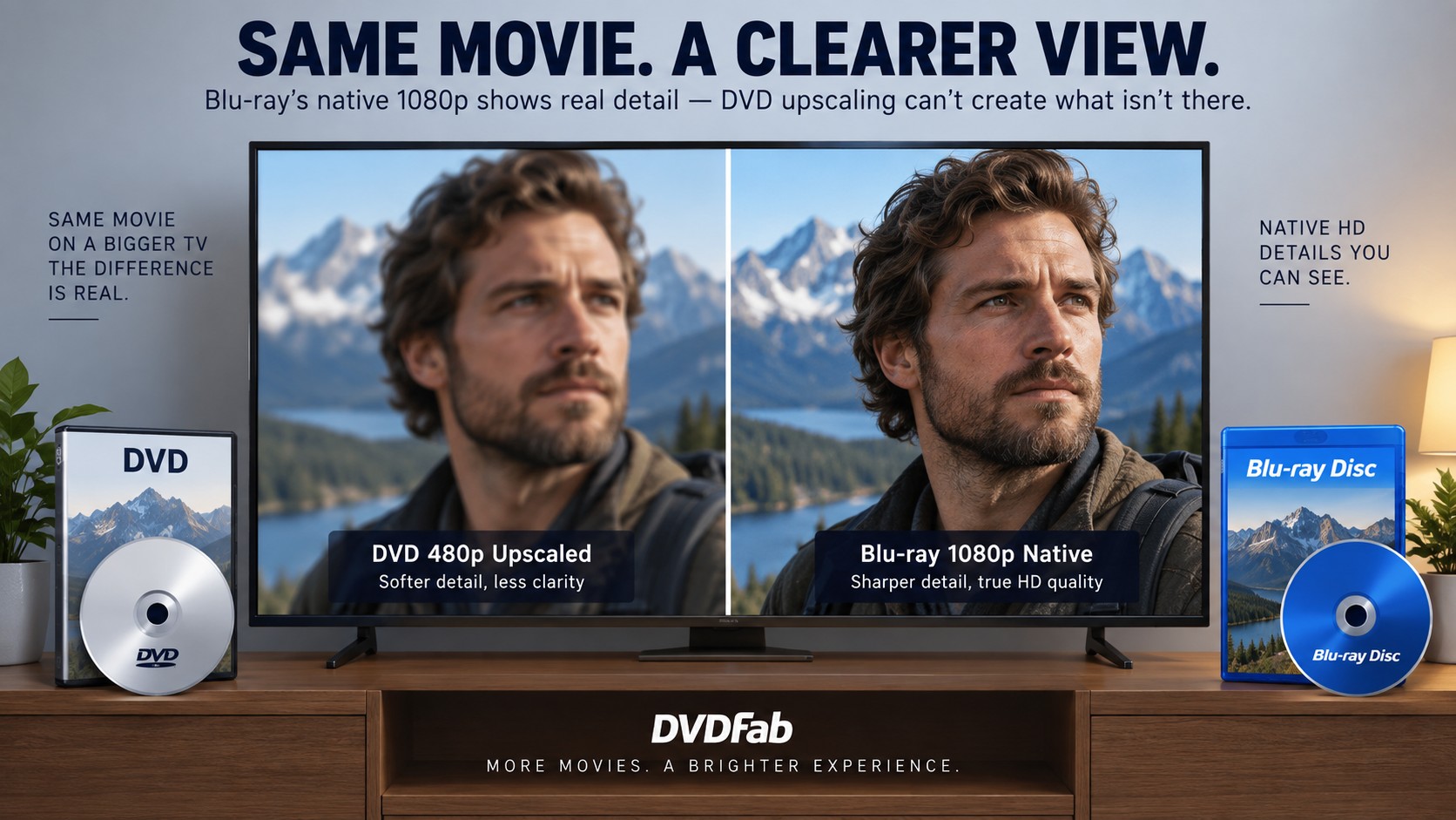 DVD 480p upscaling versus native Blu-ray 1080p on a large TV
