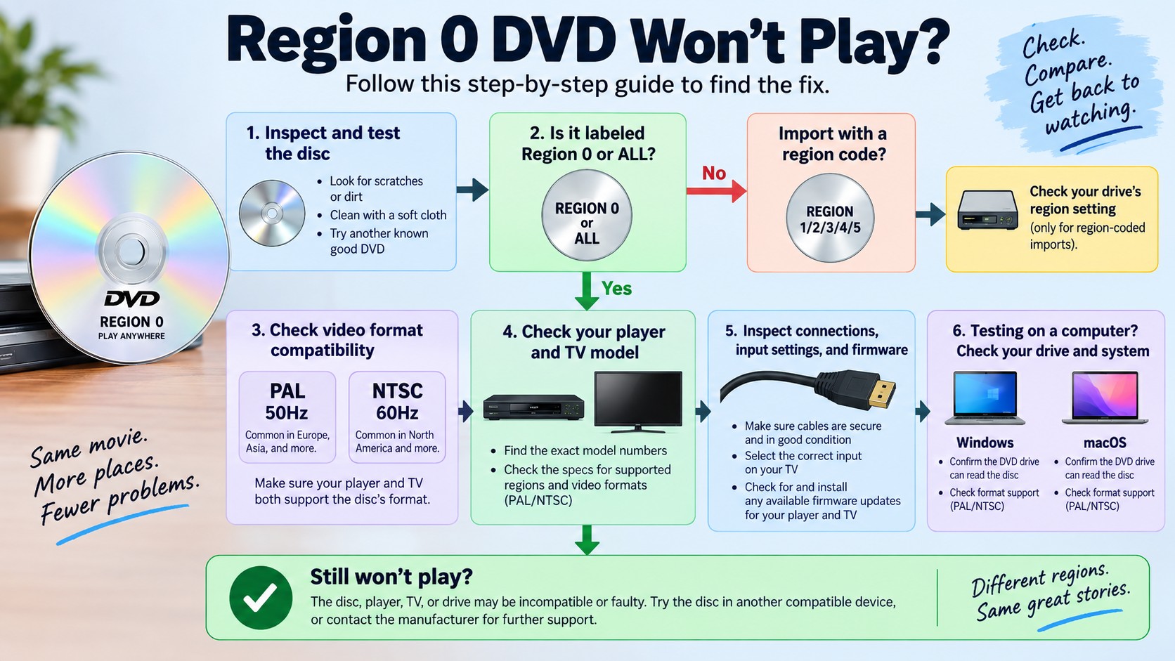 Region 0 DVD troubleshooting from disc damage through PAL or NTSC and player checks
