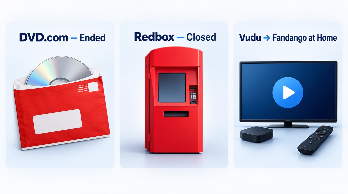 DVD.com and Redbox ended disc rentals, while Vudu became Fandango at Home for digital access.