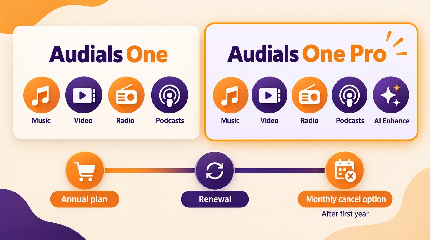Audials One suits recording, while Audials One Pro adds AI media enhancement.