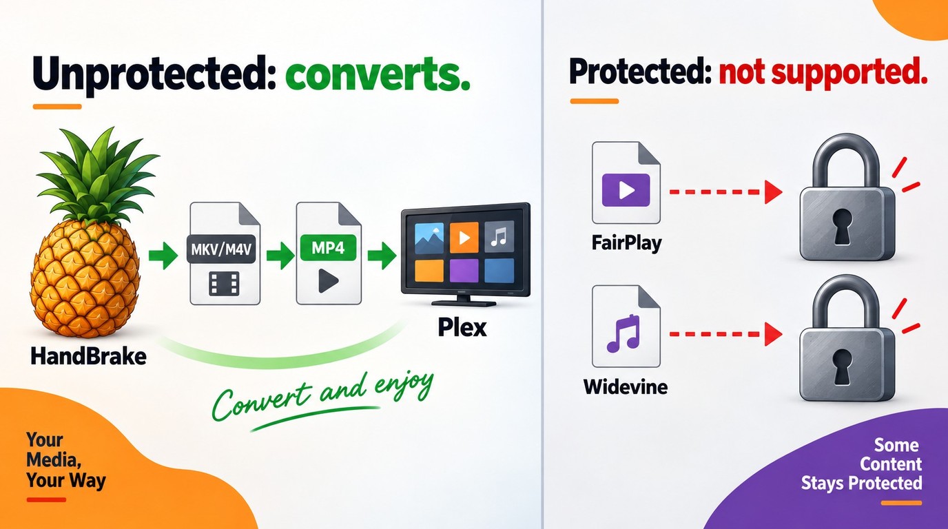 HandBrake converts unprotected MKV or M4V files but not FairPlay or Widevine media