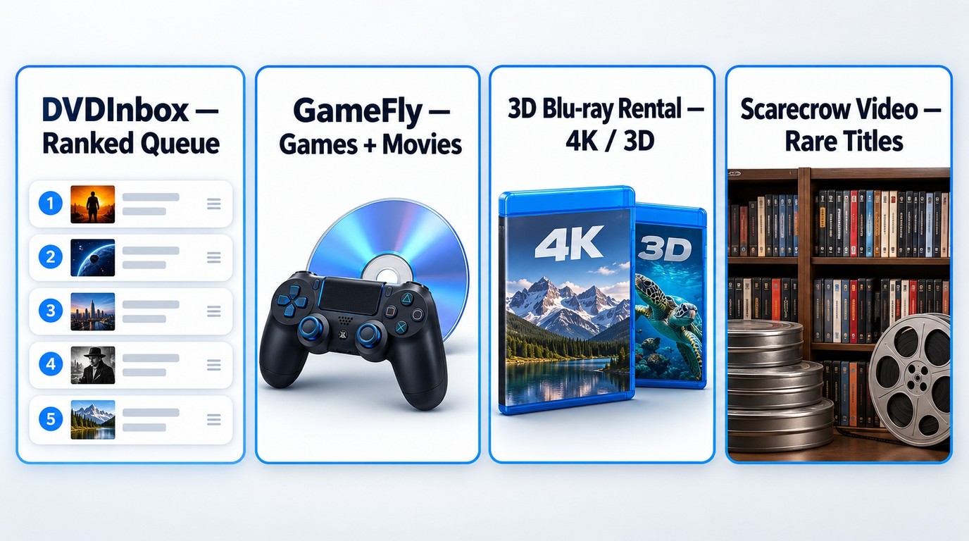 Choose DVDInbox for a ranked queue, GameFly for games, and specialty services for rare discs.