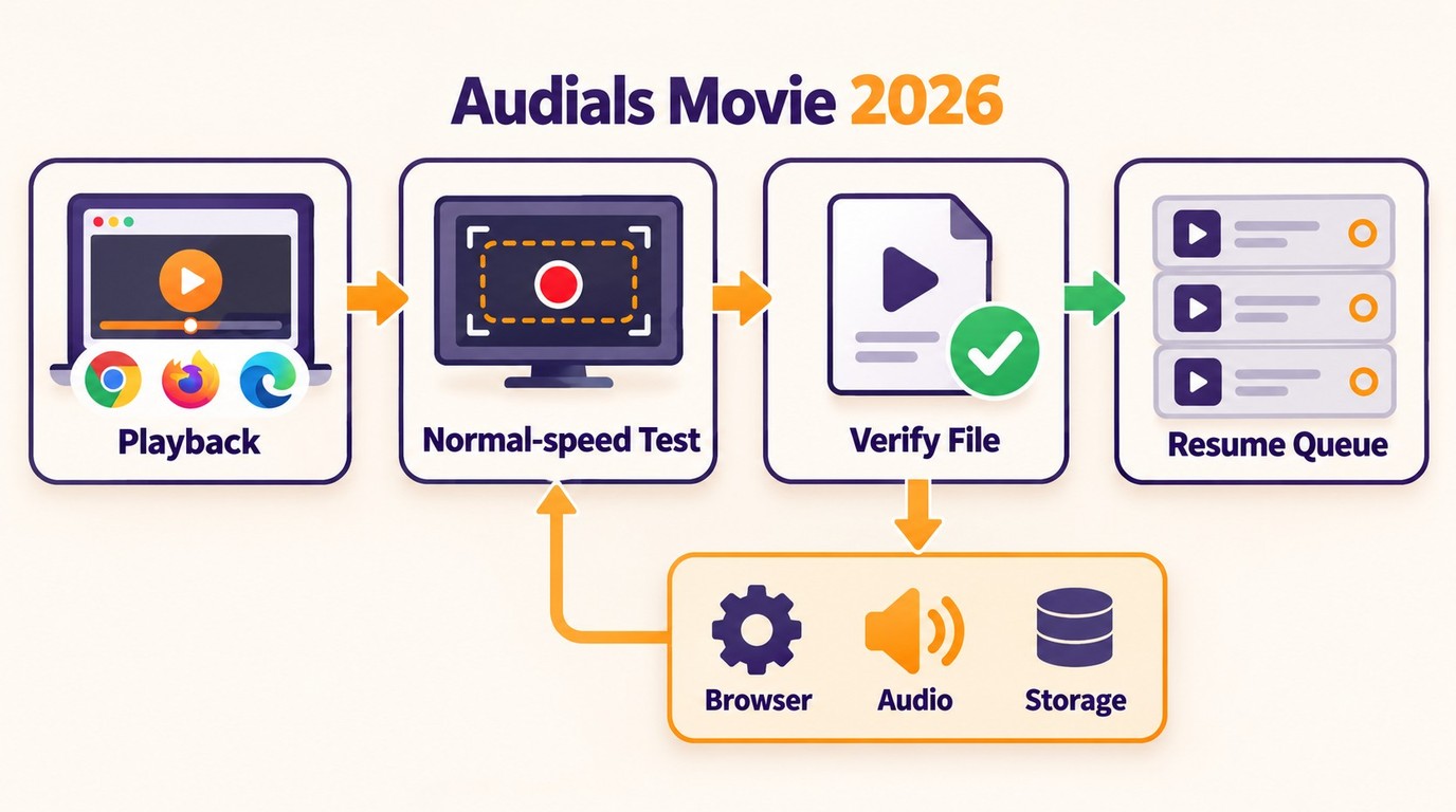Audials recovery flow from one normal-speed test to a verified batch recording.