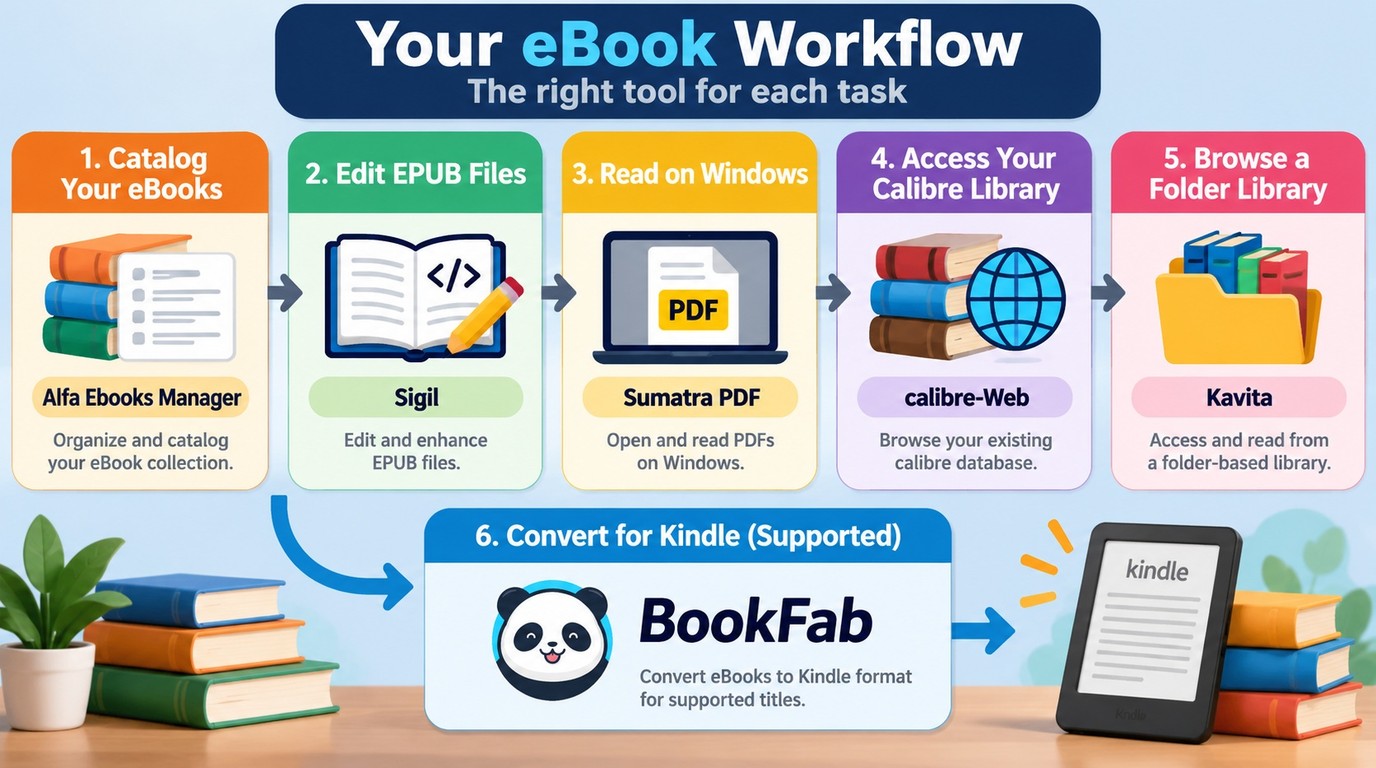 Which calibre alternative fits cataloging, EPUB editing, reading, browser access, or conversion