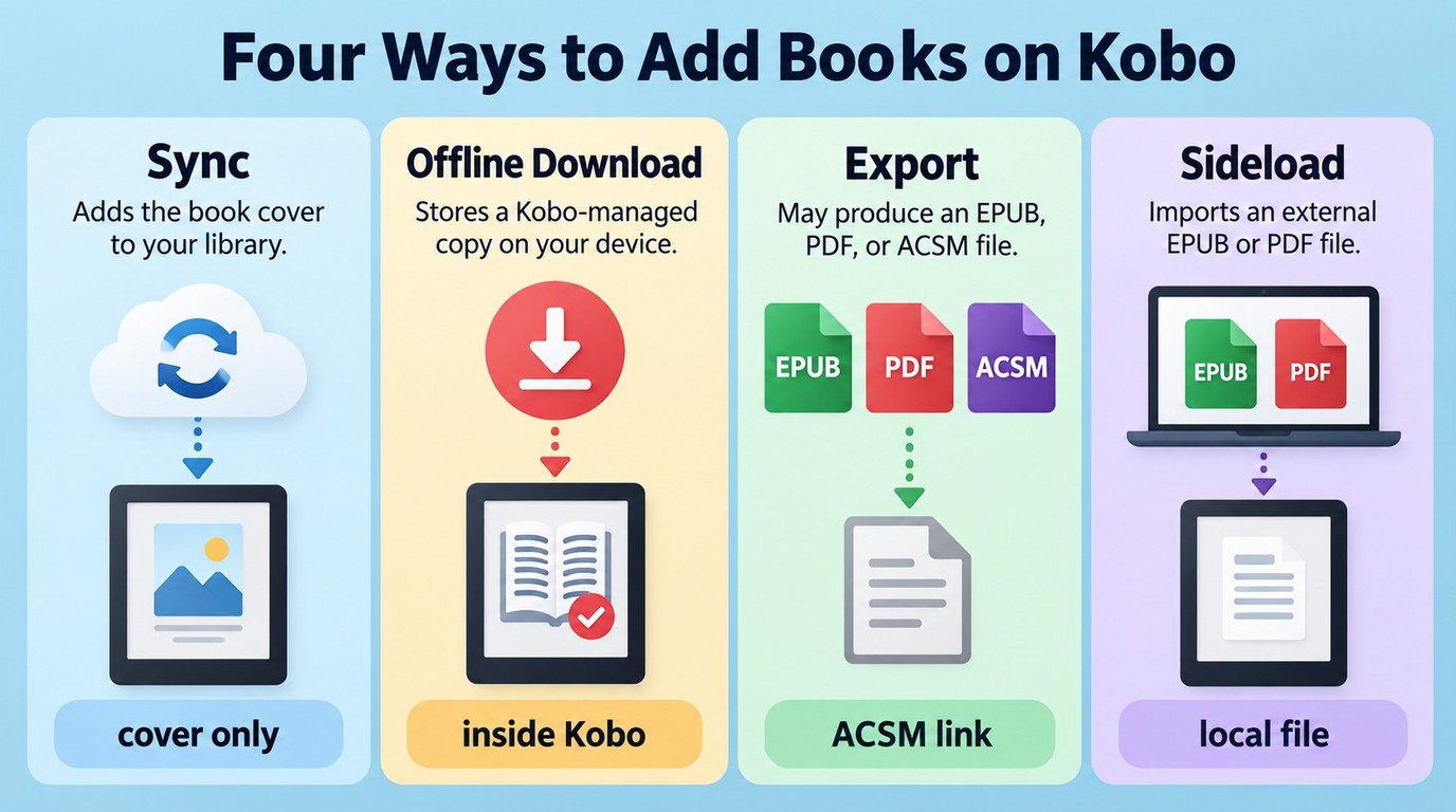 Kobo sync, offline download, export, and sideloading compared by final file outcome